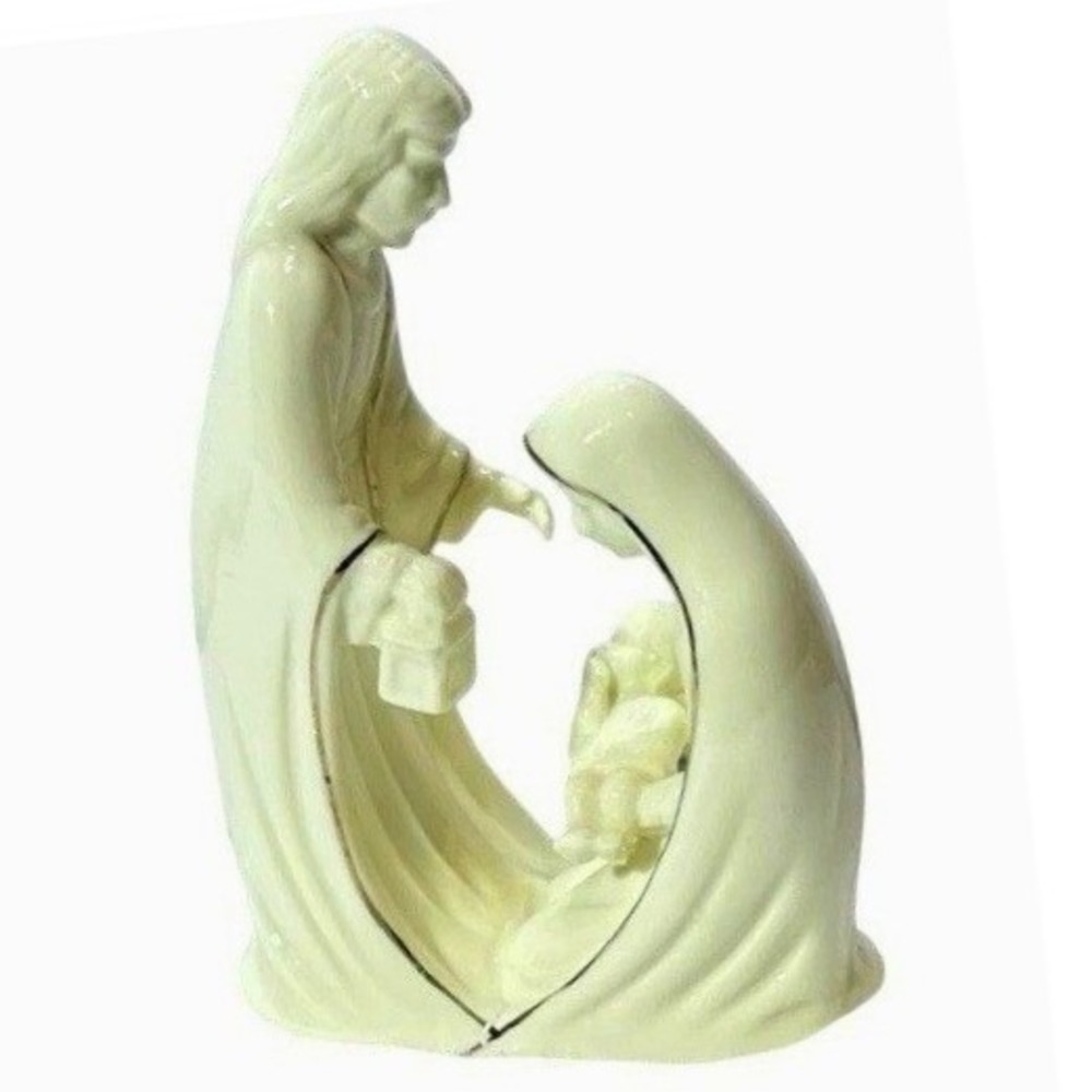 Ceramic‎ Holy Family Nativity Figurine Gold Trim Christmas Decor Ivory
